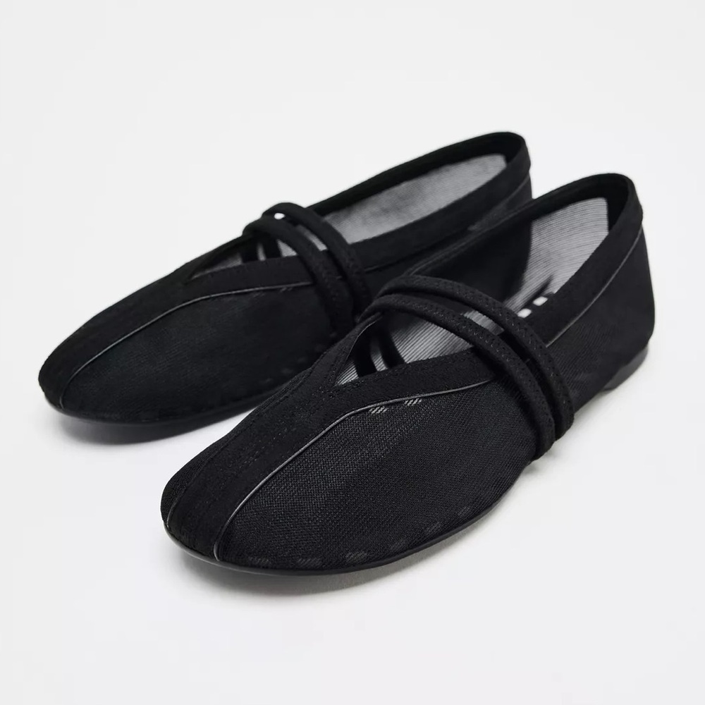 Zara Double Strap Mesh Ballet Flats Sz:6.5 Black